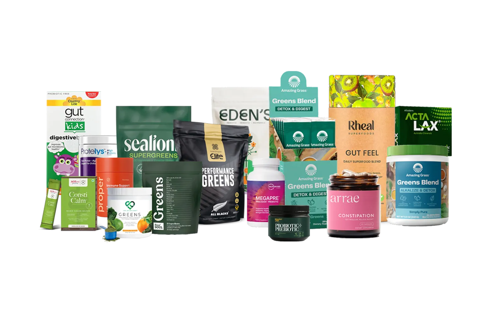 Assorted dietary supplement products in colorful packaging lined up on a white background.