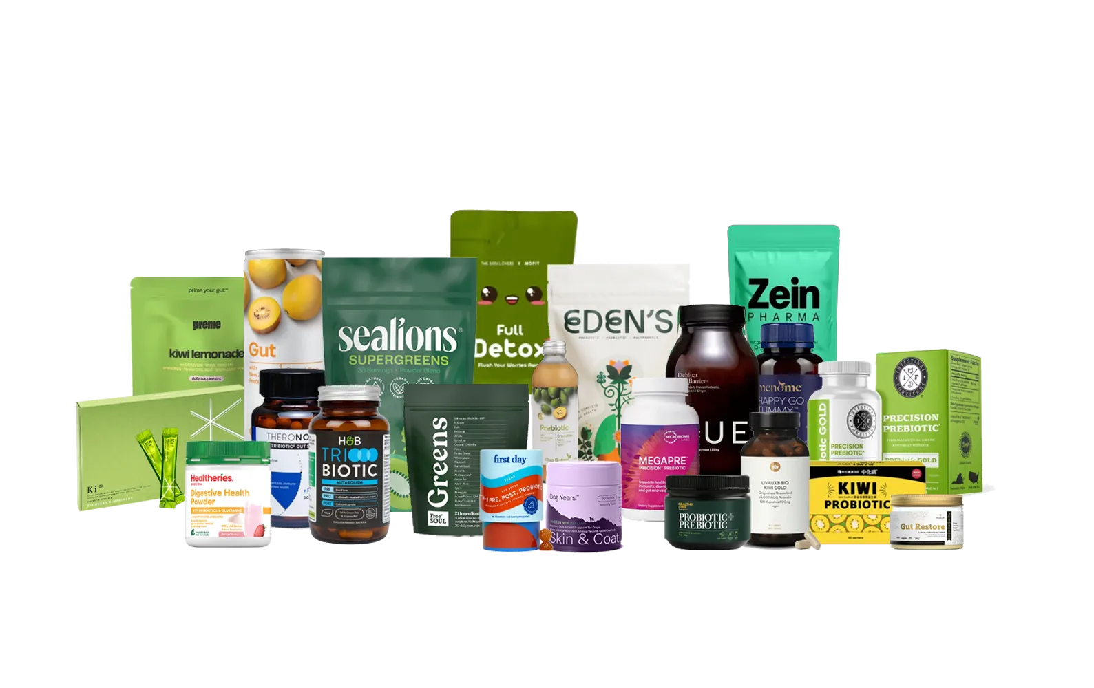 Assortment of dietary supplements and vitamins in green and white packaging on a white background.